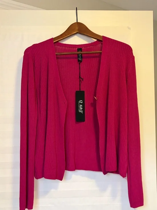Fuchsia Pink Ribbed V-Neck Cardigan - Picture 4 of 6